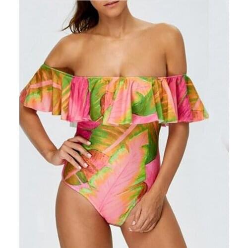 Women One Piece Swim Print Swimsuit Slash Neck Swimwear Lotus Leaf Beachwear Bikini Bathing Suit Women Bikinis