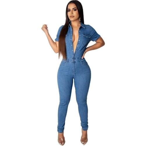 Slim Front Open Jeans Jumpsuit Denim Playsuit for Women 2020 with Buttons Cotton Plus Size Elegance Jeans Woman Ladies Overalls
