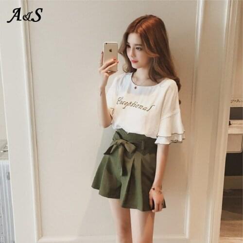 Anbenser Korean Style Women 2 Piece Sets Plus Size Short Sleeve T-shirt Crop Tops +Lace Up Wide Leg Shorts Pants Simple Modern