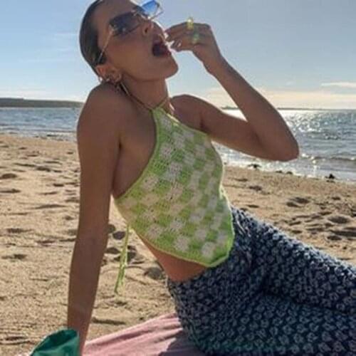 2021 Womens Halter Crop Cami Tops Sleeveless Cross Tie Backless Plaid Print Knit Camisole forFestival Vacation Daily Date