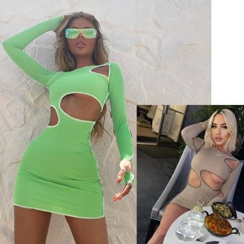 SKMY Summer Fashion New Hollow Women Round Neck Long Sleeve Sexy Punk Party Dress Neon Green Mini Bodycon Dress 2021 Streetwear