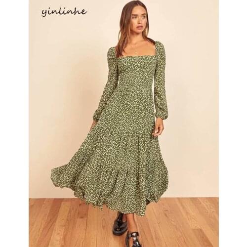 Yinlinhe Polka Dot Green Long Dress Women Square Collar Vintage Srping Dress Long Sleeve Elastic Slim Holiday Party Dresses 1958