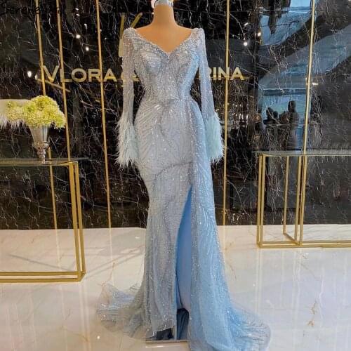 Dubai Blue Mermaid Feather Pearls Evening Dress Long Sleeves V-Neck Luxury Formal Dresses Evening Gown Serene Hill 2020 BLA70533
