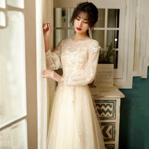 Sexy Champagne Embroidery Applique Long Sleeve Birthday Party Evening Dress Women Formal Gowns Robe De Soiree Cheongsam 3XL