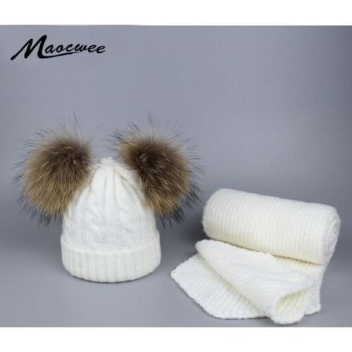 2017 Winter girls Warm Hats Knitted Cap and Scarf Set With Two Natural Mink Fur Pompons Hats Balaclava Skull Masks Bone Gorro