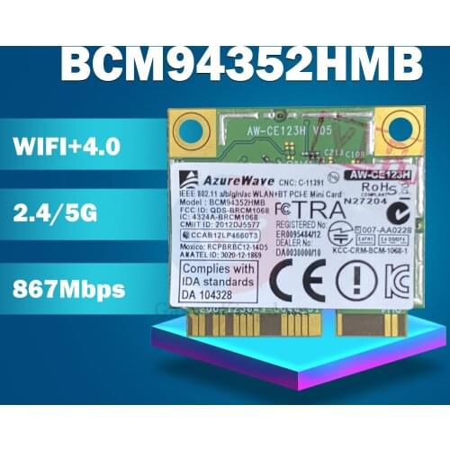 AzureWave AW-CE123H BCM4352 BCM94352HMB Half Mini PCIe PCI-express 802.11AC 867Mhz Wireless WIFI WLAN Bluetooth Card
