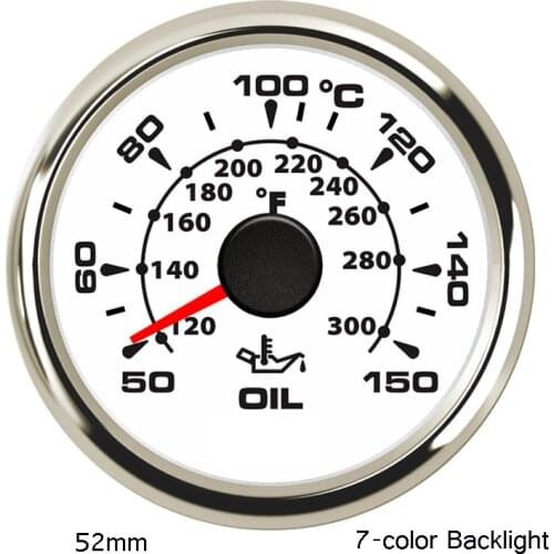 Car Oil Temp Gauge Temperature Alarm Meter silver Rim whit Shell fit Motorcycle Car Boat Marine Vessel Ship 7 color Backlight