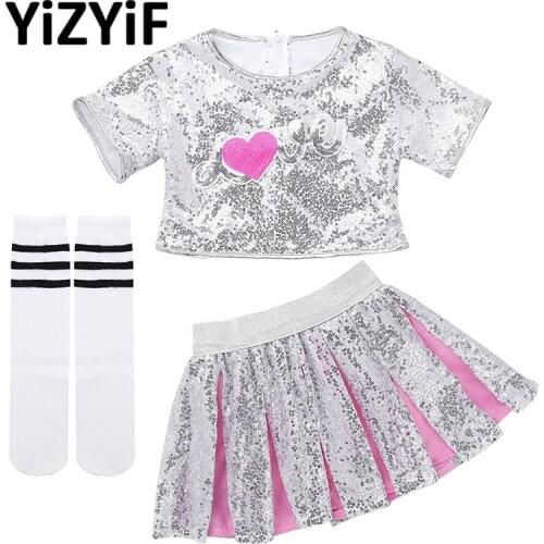 Kids Girls Jazz Dance Modern Dance Costumes Dancewear Sparkling Sequins Hip Hop Jazz dance Crop Top with Skirt striped Socks