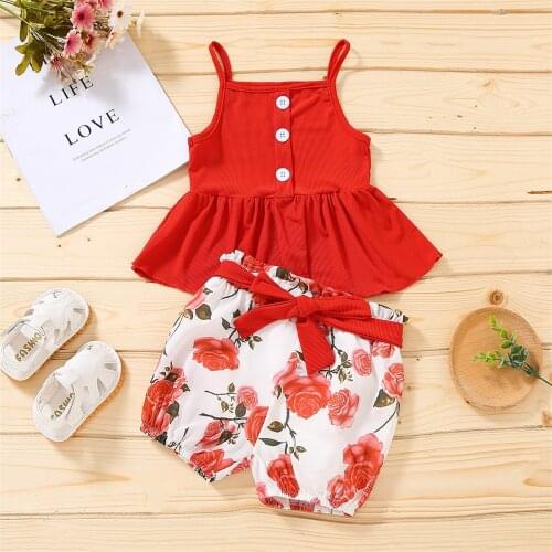 Newborn Baby Girl Clothes Set Toddler Girls Sleeveless Solid Suspender Tops+floral Shorts Outfits Casual Infant Clothing Sets