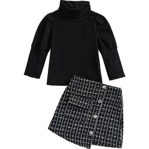 Elegant Baby Girls Clothing Long Sleeve High Neck Knitwear Plaid Side Pockets Irregular Hem Skirt Spring Autumn Two Piece Suit