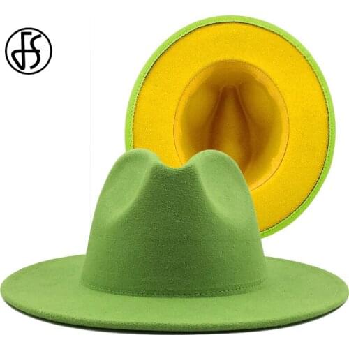 FS 60CM Green Yellow Brim Patchwork Women Men Wide Brim Wool Felt Fedora Hats Panama Jazz Caps Party Cowboy Trilby Gambler Hat