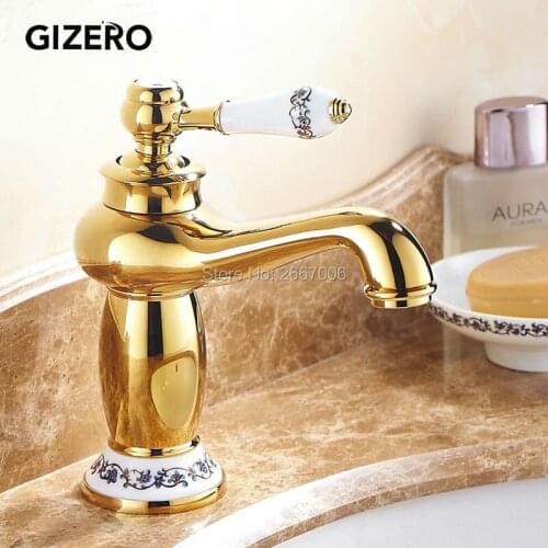 GIZERO Freeshipping luxury brass copper gold finish washbain faucet ceramic single handle water tap bathroom vanity faucet GI460
