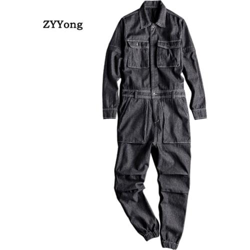 Mens Denim Jumpsuit Lapel Long Sleeve Removable Beam Feet Black Overalls Streetwear Hip-Hop Jeans Cargo Pants Leisure Trousers