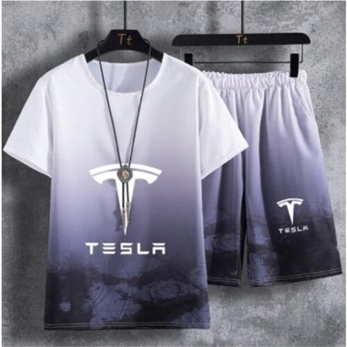 Summer Mens short sleeve tesla Car Logo Printing Cotton High Quality Casual Mens short sleeve P+ pants 2-piece suit