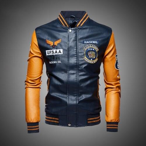 Bomber Leather Jacket Men Baseball Jackets Biker Pu Coat Faux Pilot Varsity Fleece College Top Leather Black Slim Fit Motorcycle