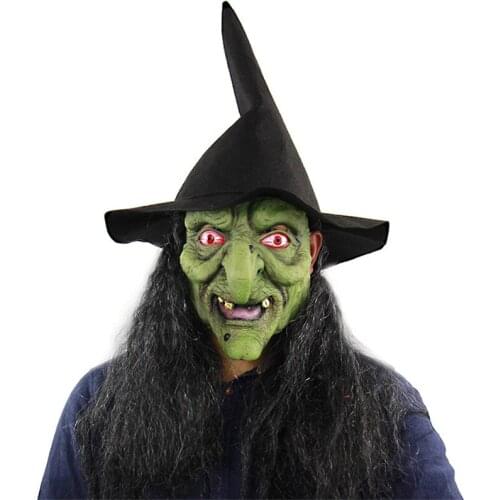 Halloween Old Witch Cosplay Horror Mask with Hat Adult Scary Clown Hag Green Latex Masks Headgear For Women Mens Carnival Party