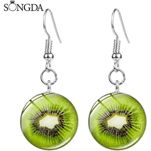 Cute Creative Fruits Slice Earrings Watermelon Lemon Kiwi Orange Glass Art Picture Handmade Dangle Earrings Food Jewelry