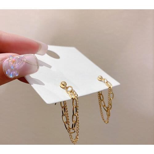 Minar Minimalist Gold Color Chunky Cuban Chain Earrings for Women Gold Color Beaded Link Double Layered Tassel Drop Earrings