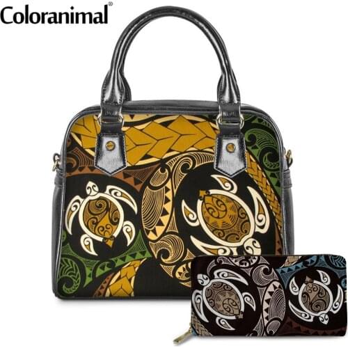Coloranimal Fashion Fabric Hawaiian Honu Sea Turtle Swirl Print Tote Handbags for Women 2Pcs/Set PU Leather Shoulder Bags&Wallet