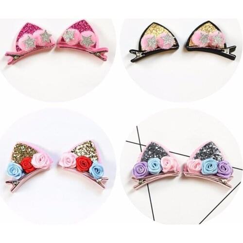 2pcs/Set Cute Hair Clips For Girls Glitter Rainbow Felt Fabric Flowers Hairpins Cat Ears Bunny Barrettes Kids Hair Accessories