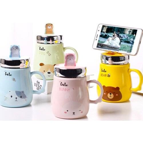 New Style Mobile Phone Holder Animal Ceramics Mugs Coffee Milk Tea Cup Cute Cat Dog Bear Rabbit Mug Couple Drinkware For Friends