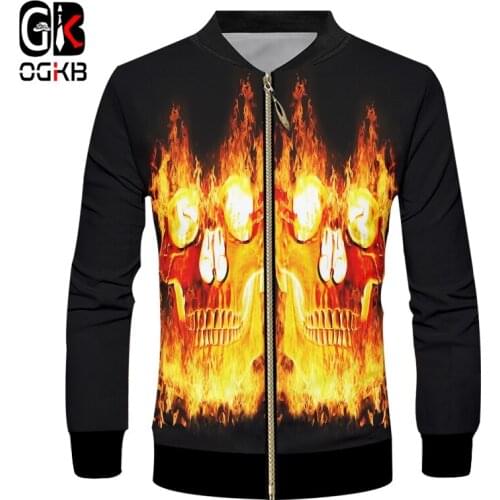 OGKB 3D Zipper Jacket Men Cool Flame Skull 3D Full Print Novelty Long Sleeves Coat Fashion Tracksuits Harajuku Streetwear Jacket