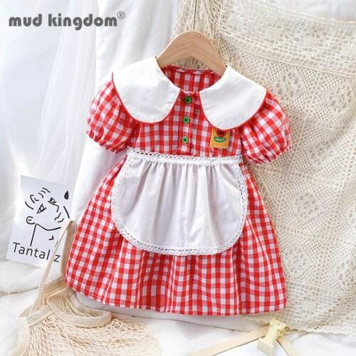 Mudkingdom Princess Dress Girls Cute Plaid Lapel Cartoon Ball Gown Apron Puff Sleeves Dresses for Kids Summer Toddler Clothes
