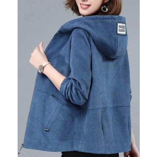 Plus Size Womens Corduroy Hooded Jacket Female 2021 Spring And Autumn Ins New Loose Casual Middle-Aged Mother Overwear A9