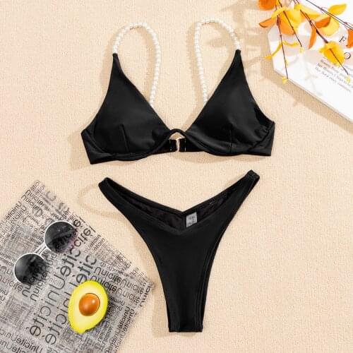 Sexy Pearl Strap Bikini 2021 Women Solid Black Cut Out Push Up Underwire Swimsuit Brazilian Bathing Suit Thong Swimwear Biquini