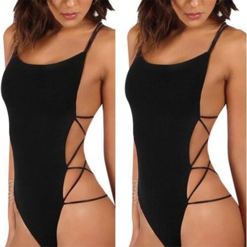 H9ED Sexy Basic Criss Cross Tie Knot Front Deep V Open Back Swimwear, No Chest Support without Chest Pad, Black/Red