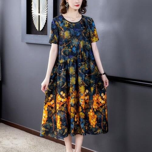 2020 summer new high-end loose party silk dress long large size bohemian retro printed silk dress elegant and comfortable