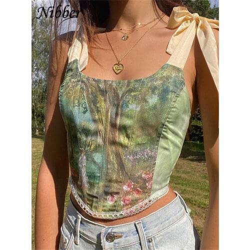 Nibber Fairy Top Y2K Vintage Aesthetic Printed Crop Top Women Elegant Bandage Tank Top Skinny Clubwear Camisole Summer Hot Deals