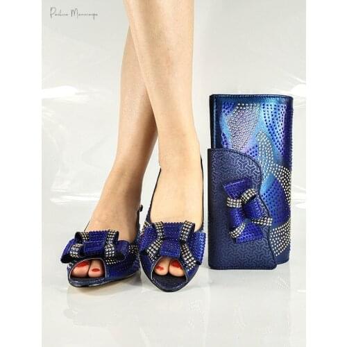 Nigerian Newest Italian Design D.Blue Color Special Narrow Band and Cross-tied Decoration Party Wedding Women Shoes and Bag Set