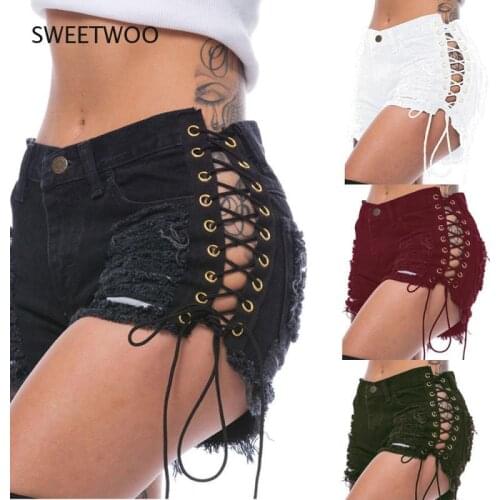 2021 Summer Denim Shorts Female Ripped Hole Side Corn Bandage Denim Shorts Fashion Womens Color Cloth Big Hot Pants
