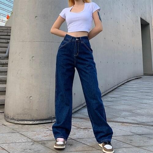 2021 Women Casual Jeans Dark Blue High Waist Straight-leg Long Pants with Pockets, S/ M/ L/ XL