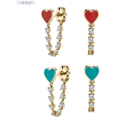LOZOYA 925 Sterling Silver Enamel Red Heart Chains Stud Earring Luxury Heart Women Cute Earring Rock Punk Youth Jewelry Gift