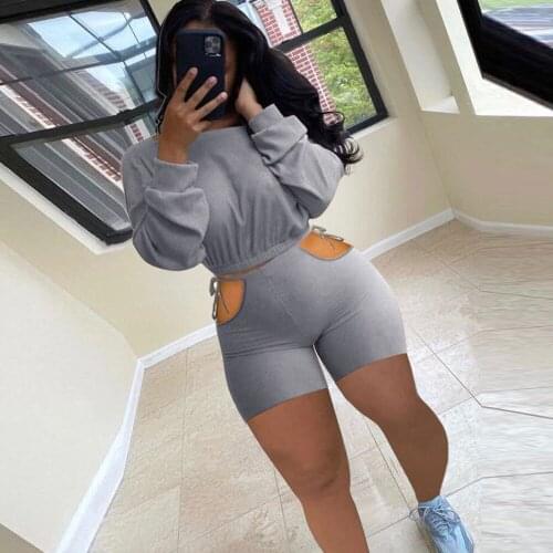 Sexy Fitness Matching Two Piece Short Sets for Women Long Sleeve Bandage Crop Top Cut Out Hole Biker Short Summer Matching Suit