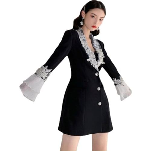 Vintage Fashion 2021 New Fall Women Black Blazer Lace Embroidery Long Flare Sleeve Slim Suit Jacket Female Long Blazer Outwear