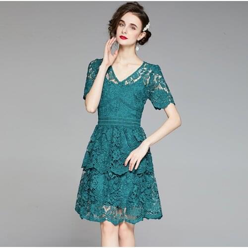 2021 Summer Runway Water Soluble Lace Hollow Out Green Dress Women Chic Short Sleeve Elegant Cake Dress