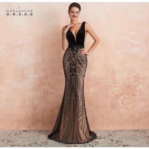 Robe de Soiree 2020 Black Mermaid Long Evening Dress Beaded Party Dress Sexy Deep V-neck Champagne Vestido de Festa Longo