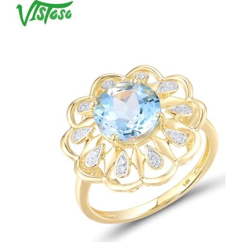 VISTOSO Genuine 14K 585 Yellow Gold Ring For Women Sparkling Blue Topaz Diamond Flower Ring Luxury Glamorous Gift Fine Jewelry