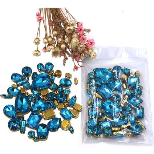 Clothing accessories mixed shape Lake blue glass crystal sewing rhinestones with gold base for dress/garment/shoes