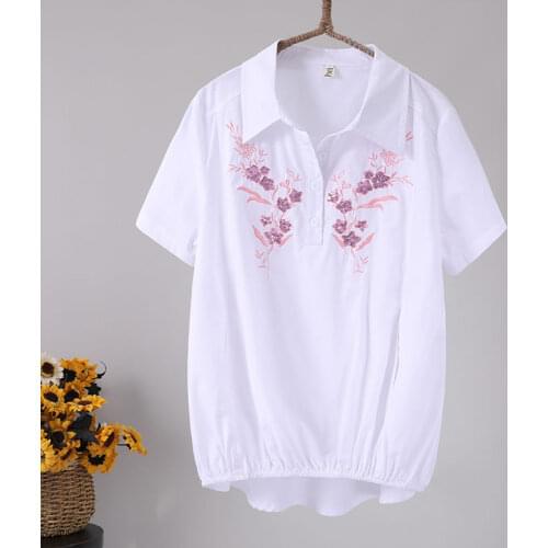 White Blouse Women 100% Cotton Blouse Embroidery 4XL Plus size Ladies Button Up Shirt Summer Top Office Casual
