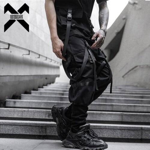 Tactical Cargo Pants Men Harajuku Streetwear Function Pants Ribbon Multi-pocket Trousers Elastic Waist HipHop Male WB283