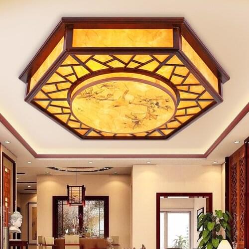 Chinese style Wooden ceiling light restaurant dining room lighting printing PVC imitation sheepskin ceiling lamp