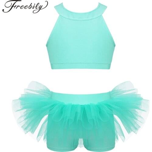 Kids Teens Sleeveless Zippered Crop Top with Ruffled Bottoms Girls Ballet Gymnastics Shorts Tops Set Children Stage Dance Wear