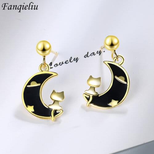 Fanqieliu Creative Earrings Cute Cat On Moon 18K Gold-plated 925 Sterling Silver Drop Earrings For Women FQL20222