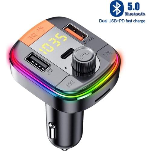 FM Transmitter Bluetooth 5.0 Adapter Colorful Car Mp3 Player Handsfree Calling Dual USB Port with PD QC 3.0 Fast Charge Car Kit