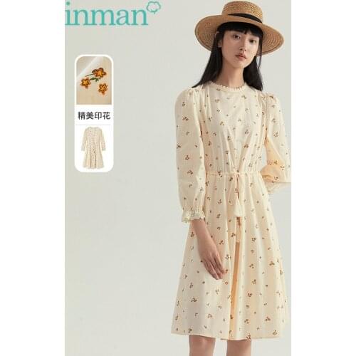 INMAN Autumn Spring Womens Dress With Tassel Tether Pastoral Fresh Printing Stand-Up Collar Long Sleeve One-Piece
