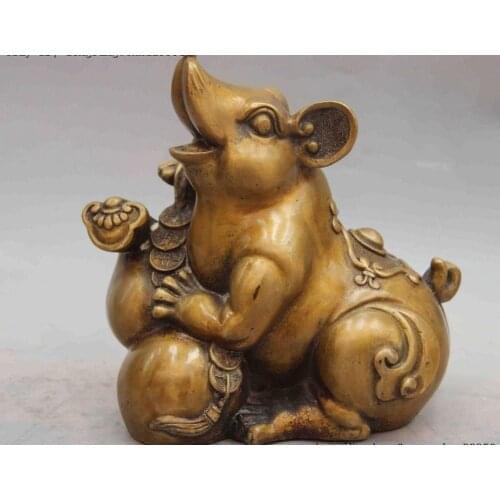 China Folk Bronze Copper Wealth Money Bottle Gourd Ruyi Zodiac Mouse Rat Statue